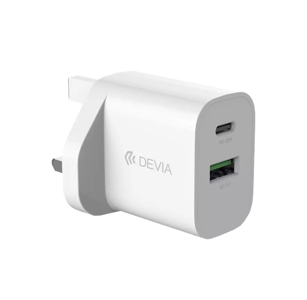 Devia - 20W Dual Type C Power Delivery & Qualcomm 3-Pin UK Charging Plug - White image 0